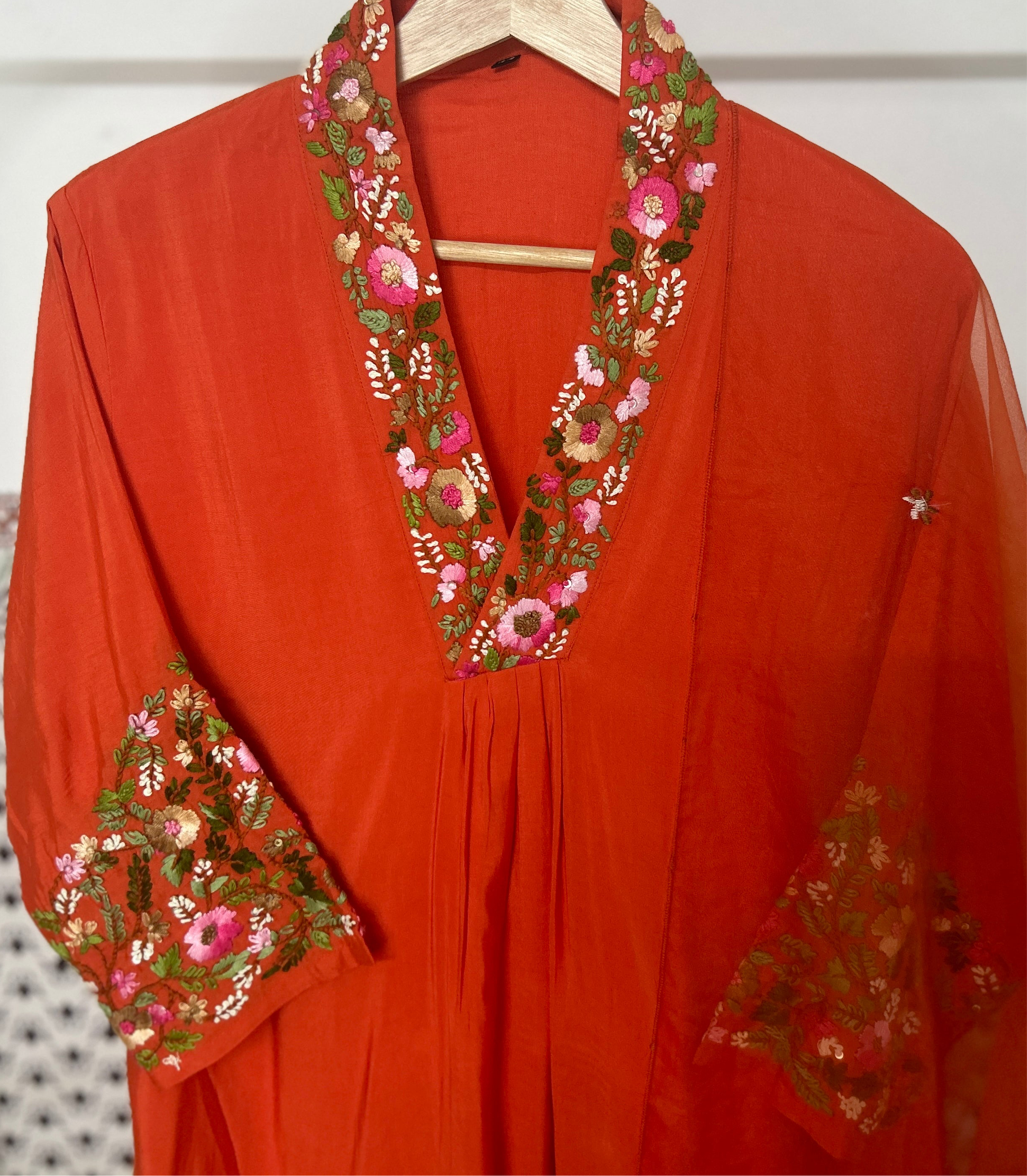 Orange Dola Silk Thread Work 3 piece suit