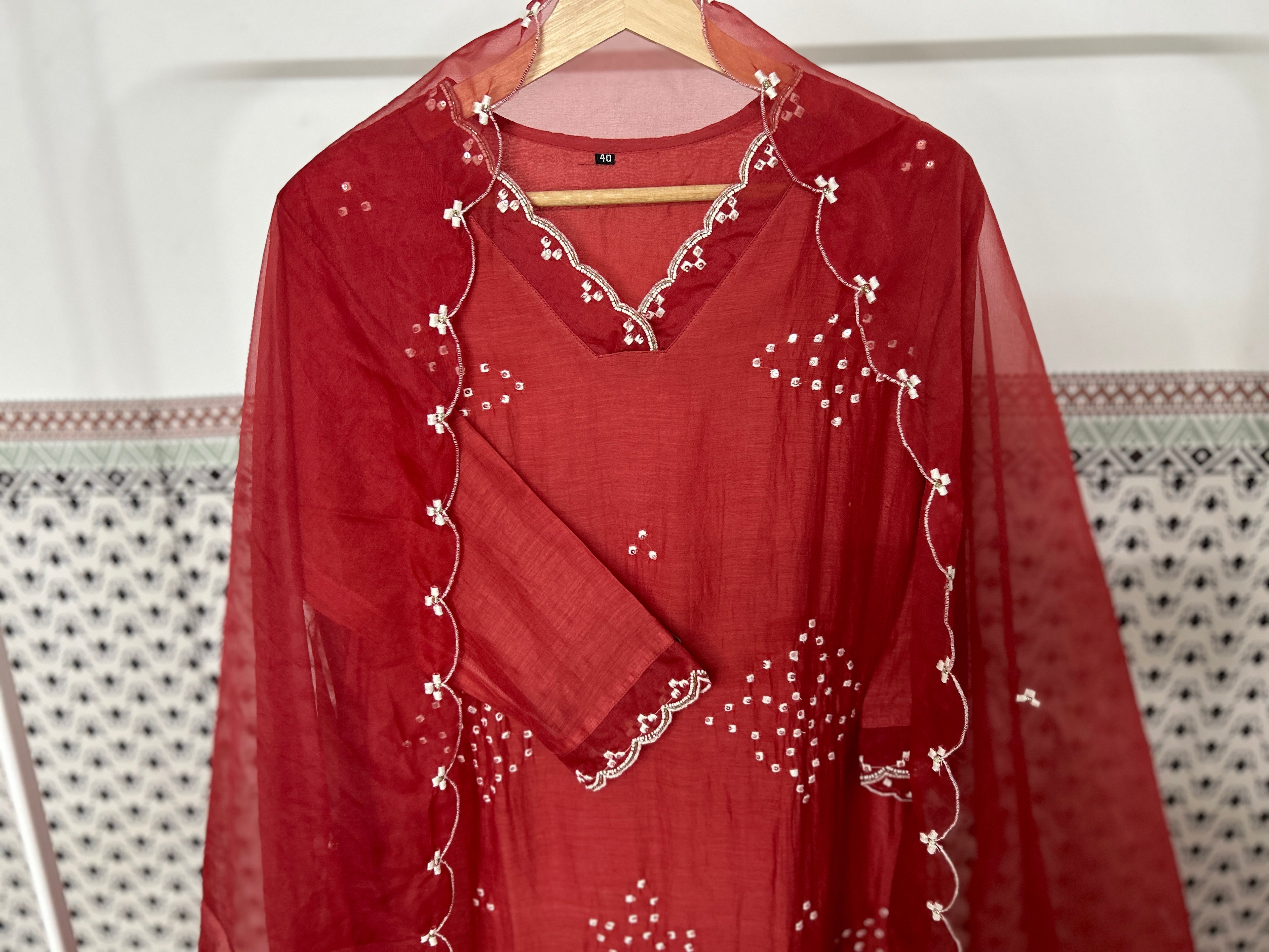 Mul Chanderi Suit in Brick red tone