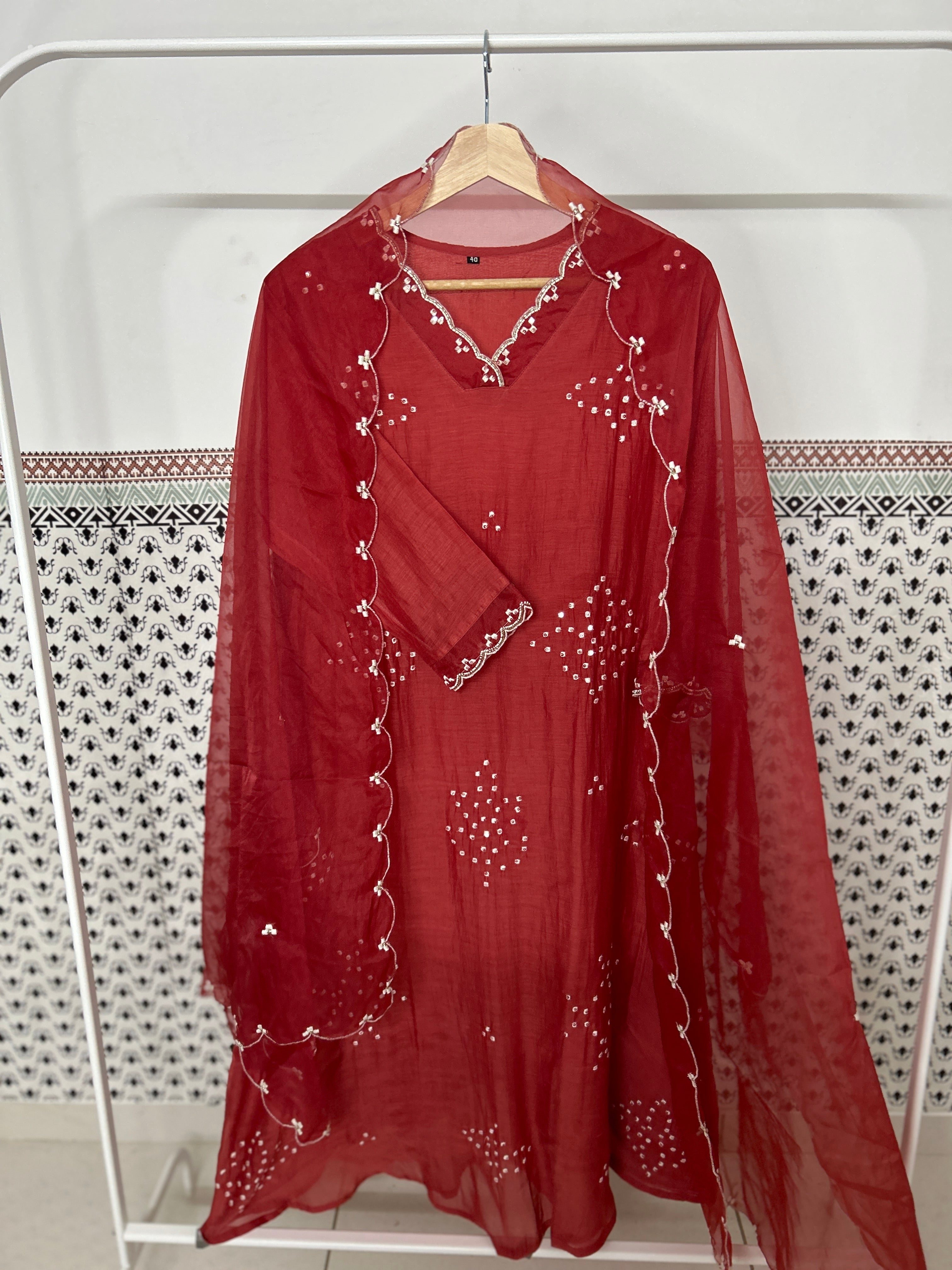 Mul Chanderi Suit in Brick red tone