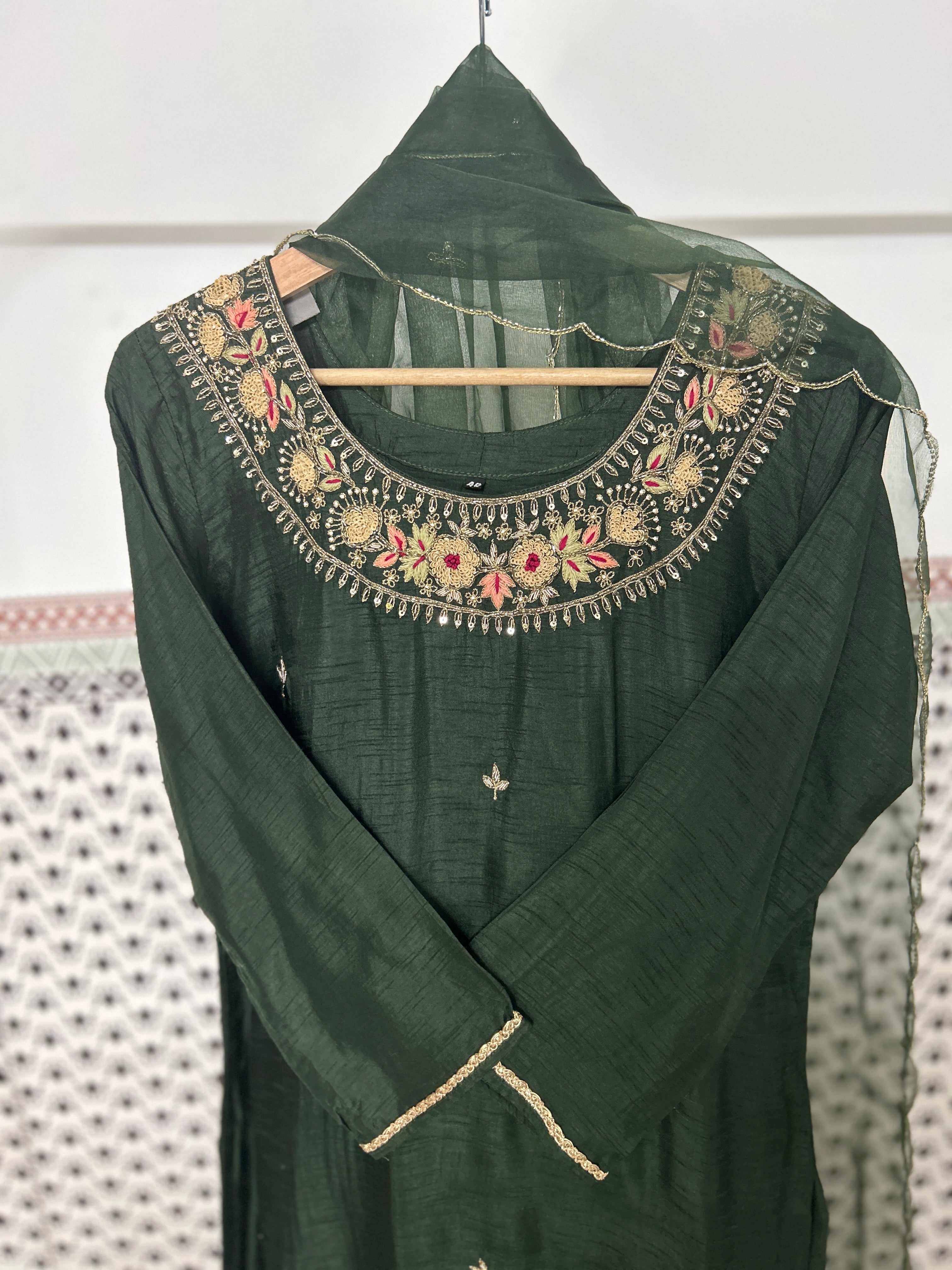 Mehendi Green Dola Silk 3 piece suit