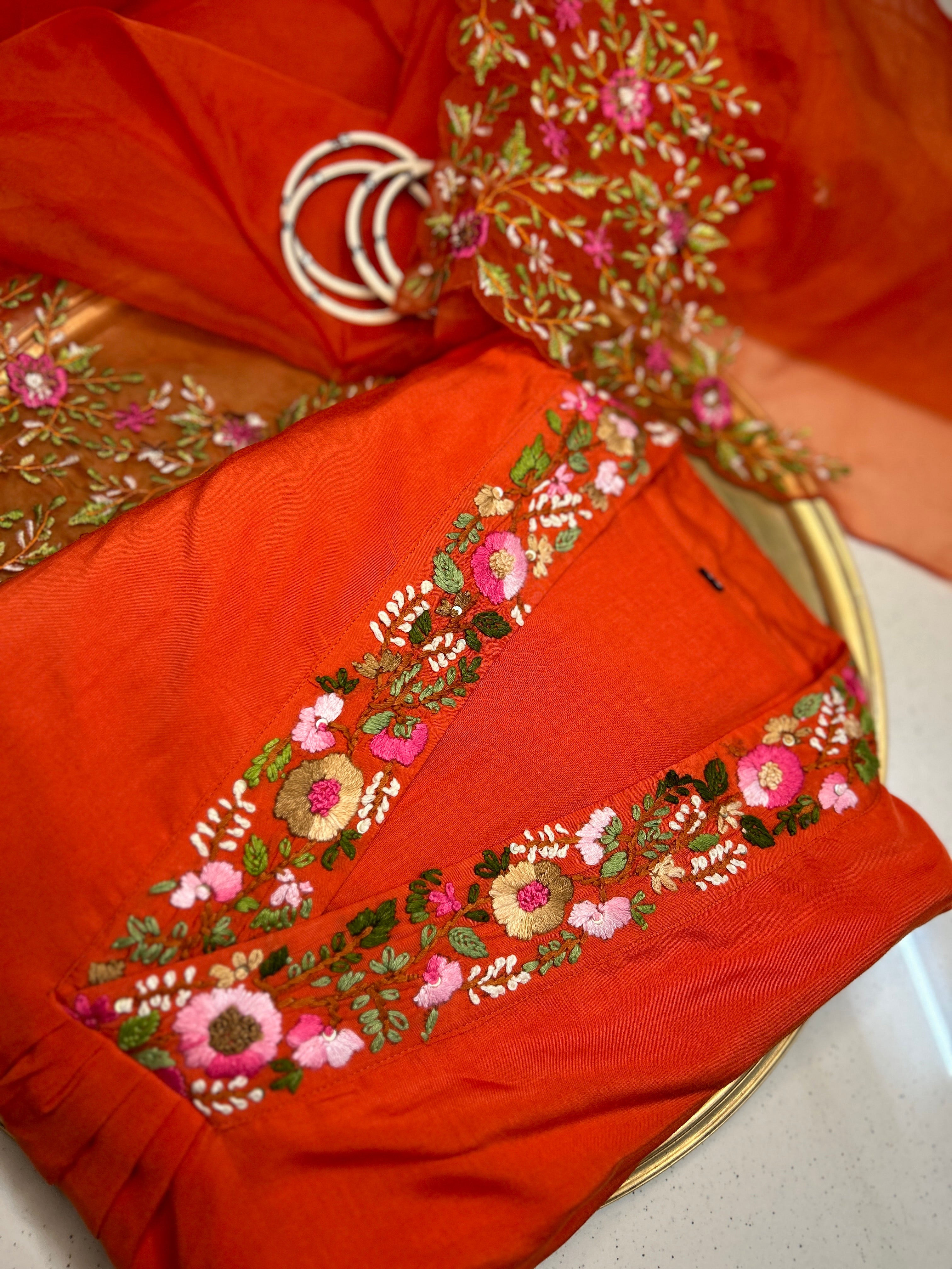 Orange Dola Silk Thread Work 3 piece suit