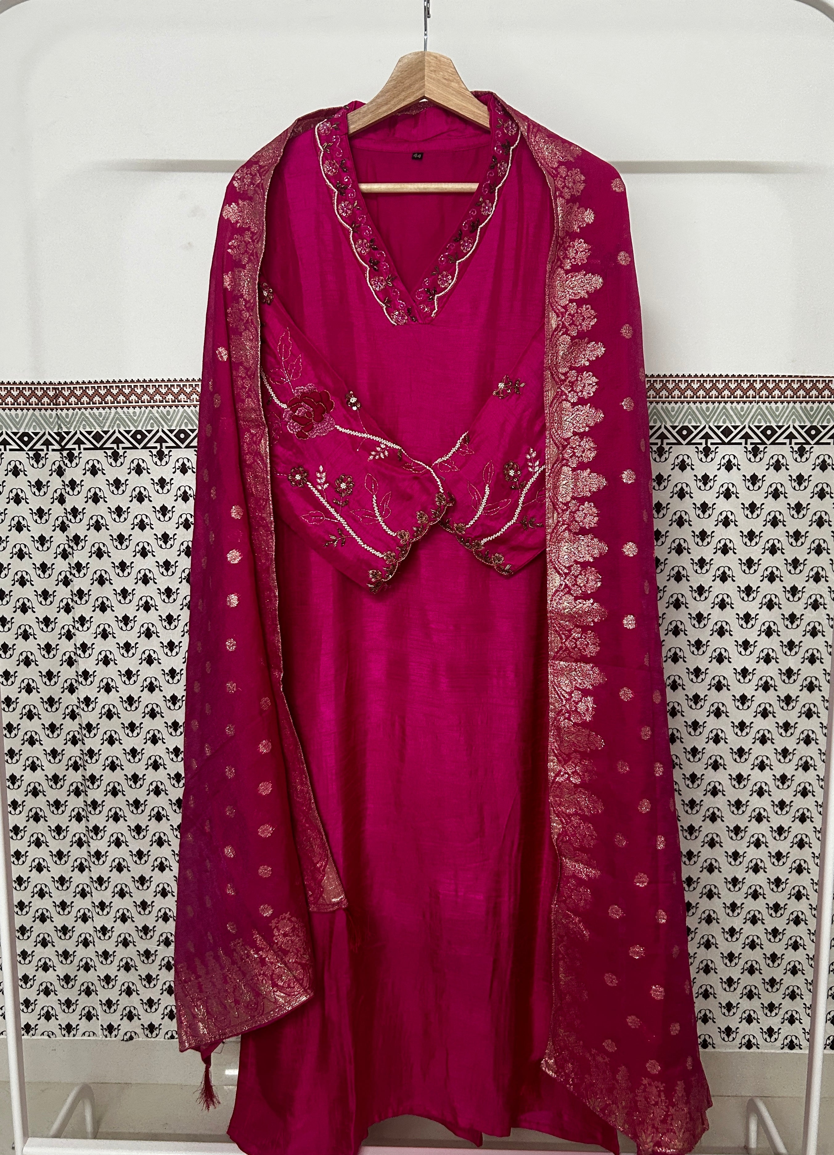 Rani Pink Dola Silk  A Line 3 piece suit