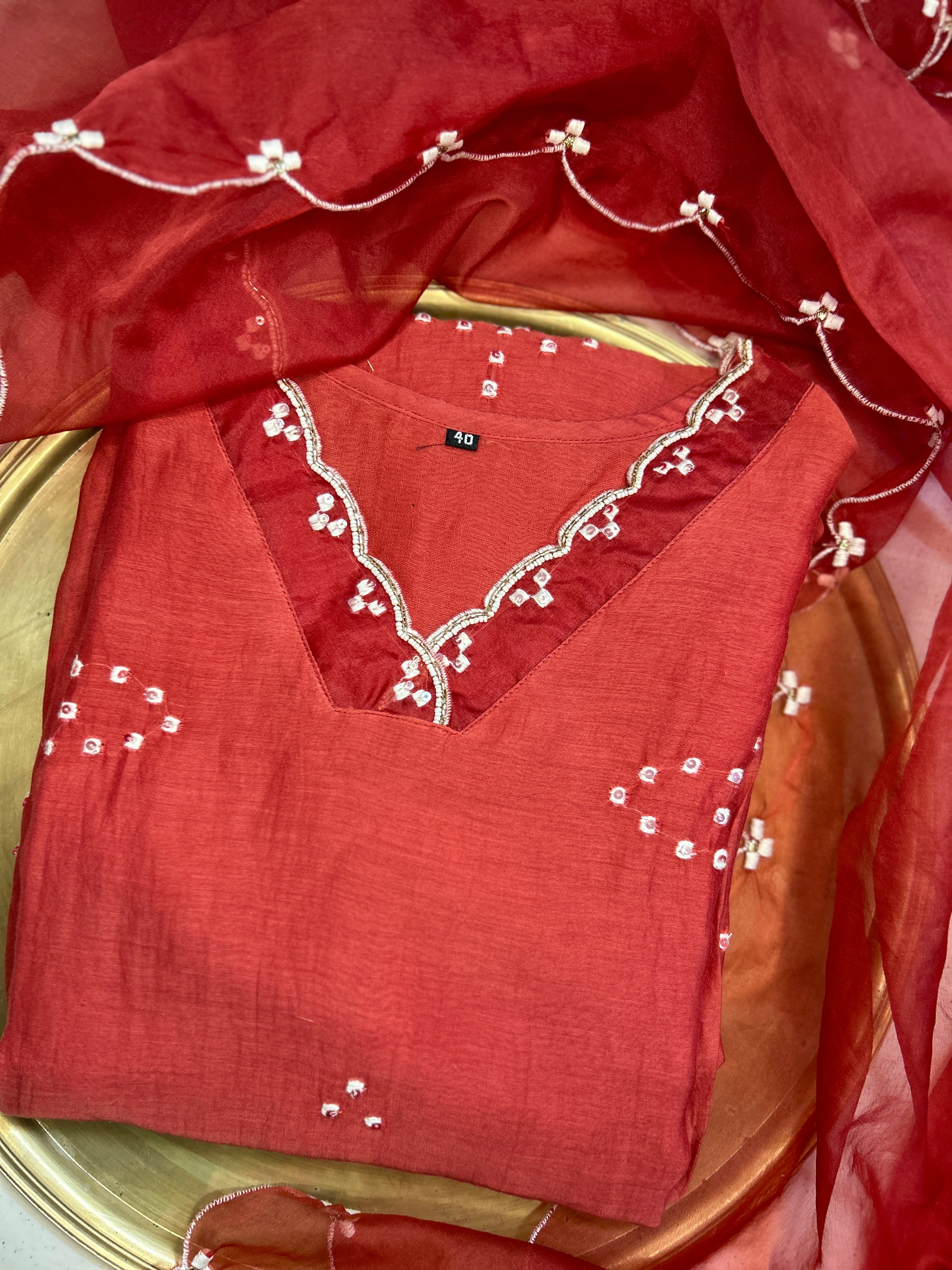 Mul Chanderi Suit in Brick red tone