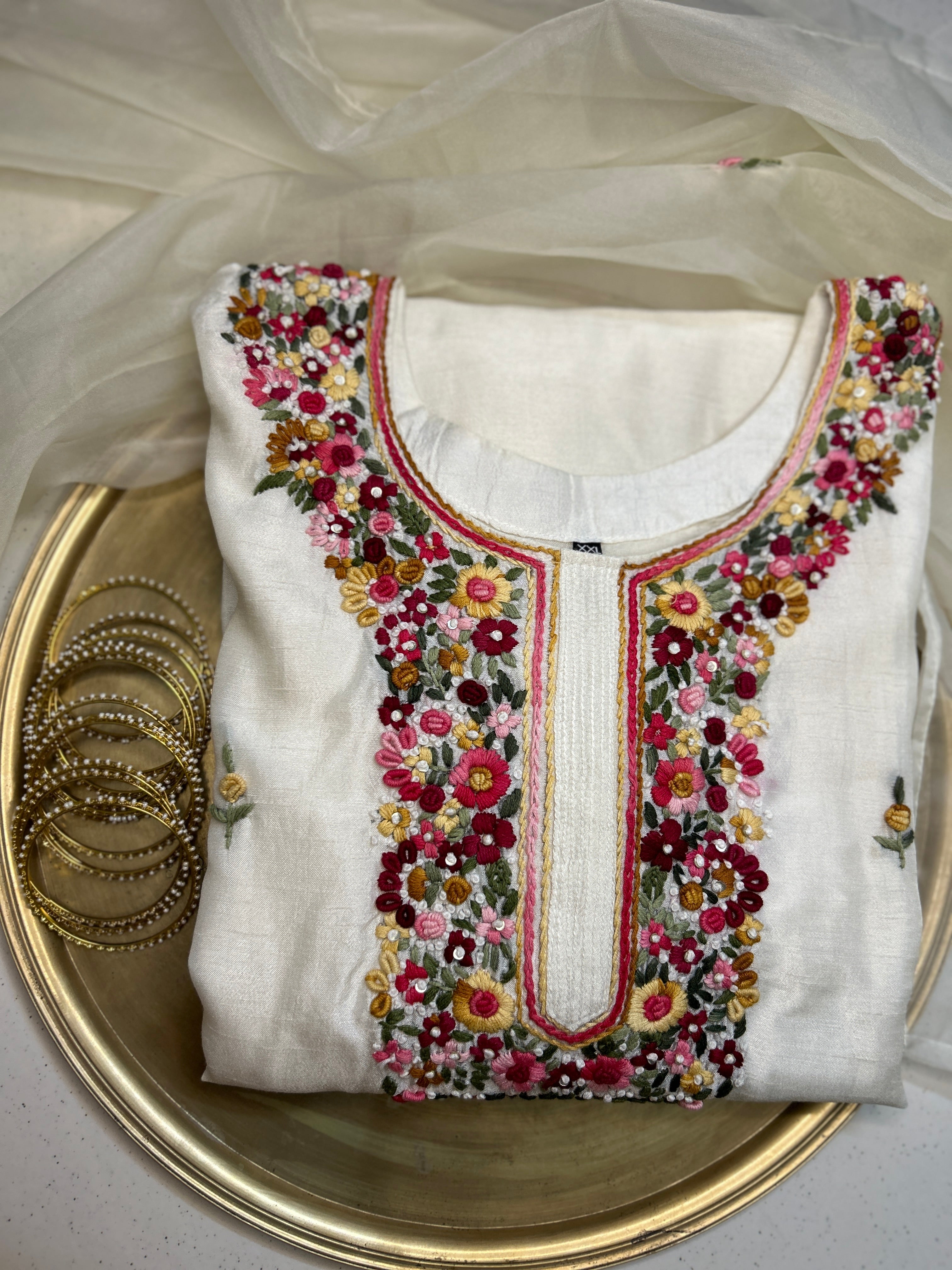 Off White French Knot  Straight Fit Kurti 3 Piece Suit