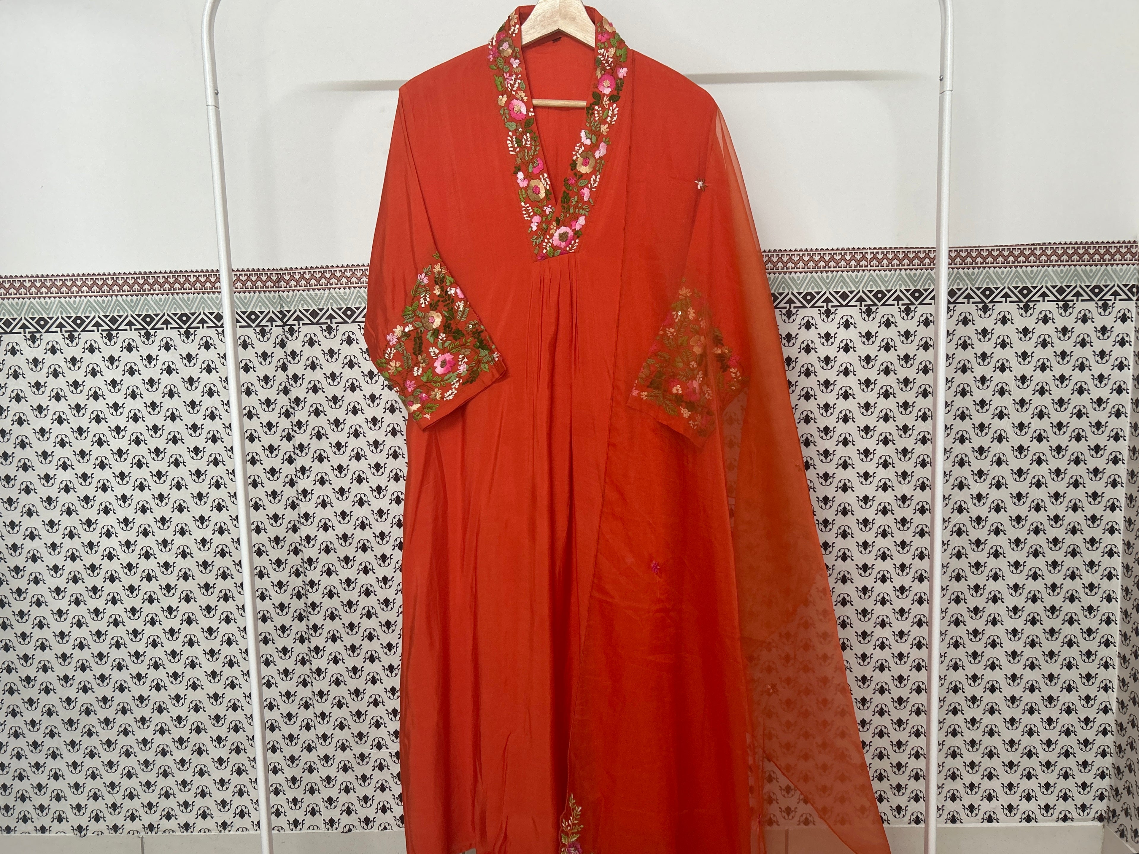 Orange Dola Silk Thread Work 3 piece suit