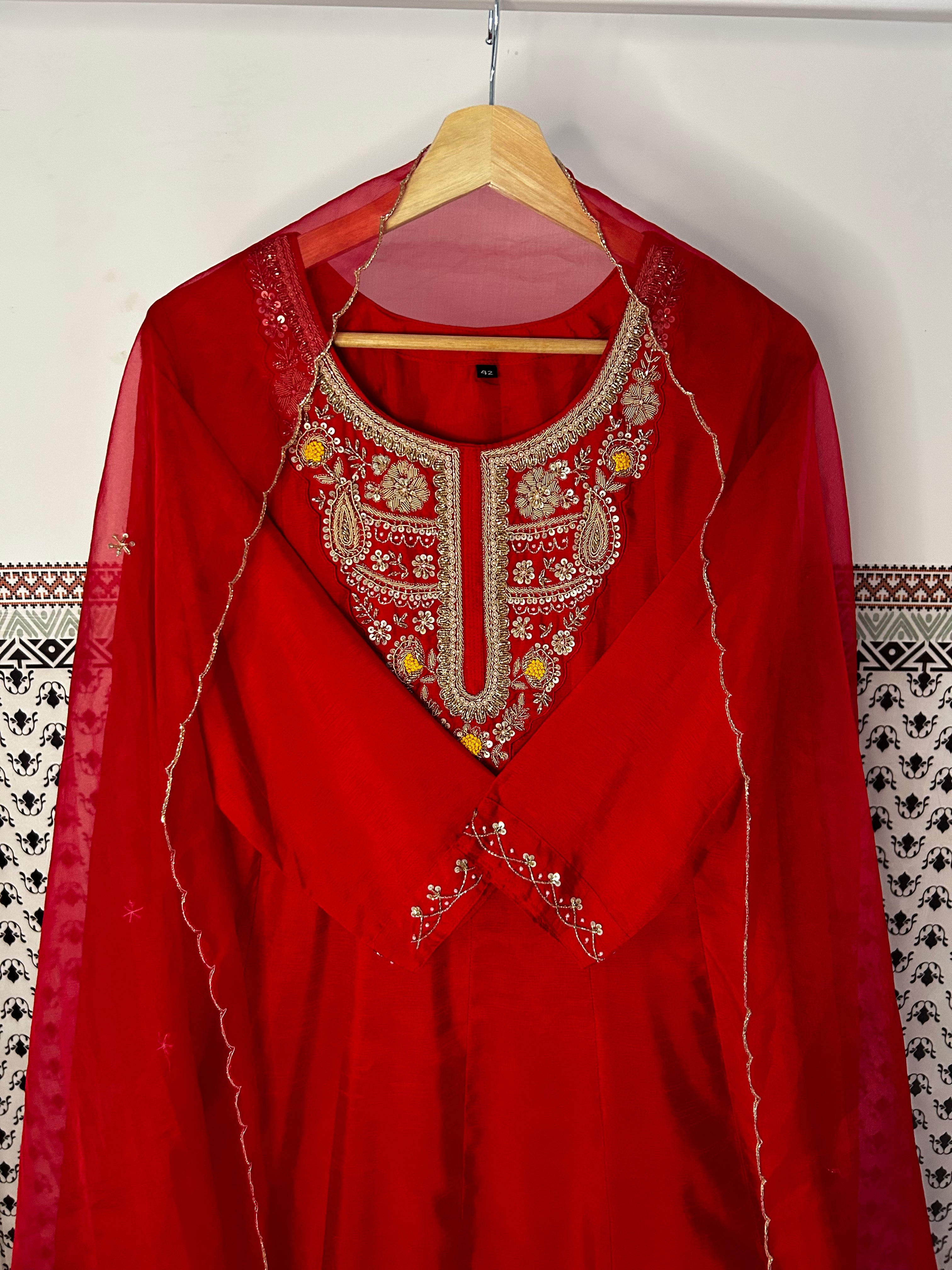Red Dola Silk 3 piece Suit