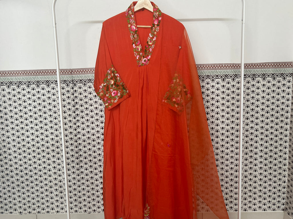 Orange Dola Silk Thread Work 3 piece suit