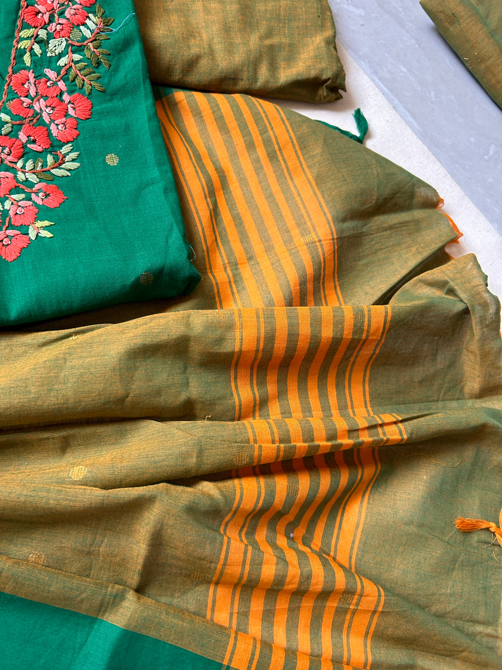 Bottle Green Olive Dupatta Pant Malai Cotton Handloom Kurti 3 Piece Suit Set
