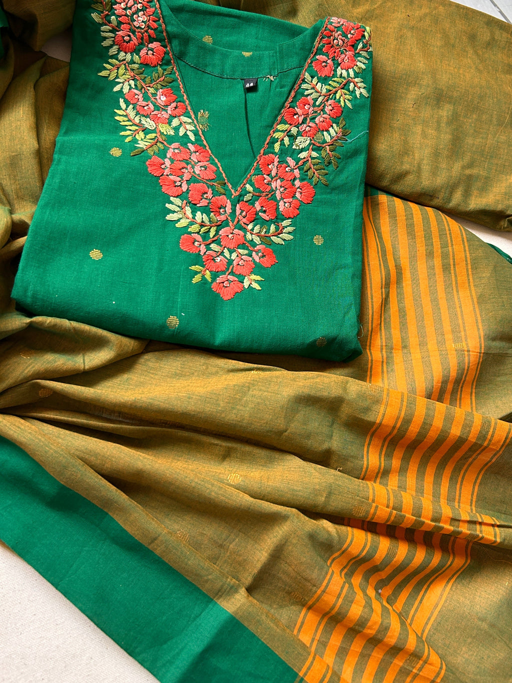 Bottle Green Olive Dupatta Pant Malai Cotton Handloom Kurti 3 Piece Suit Set