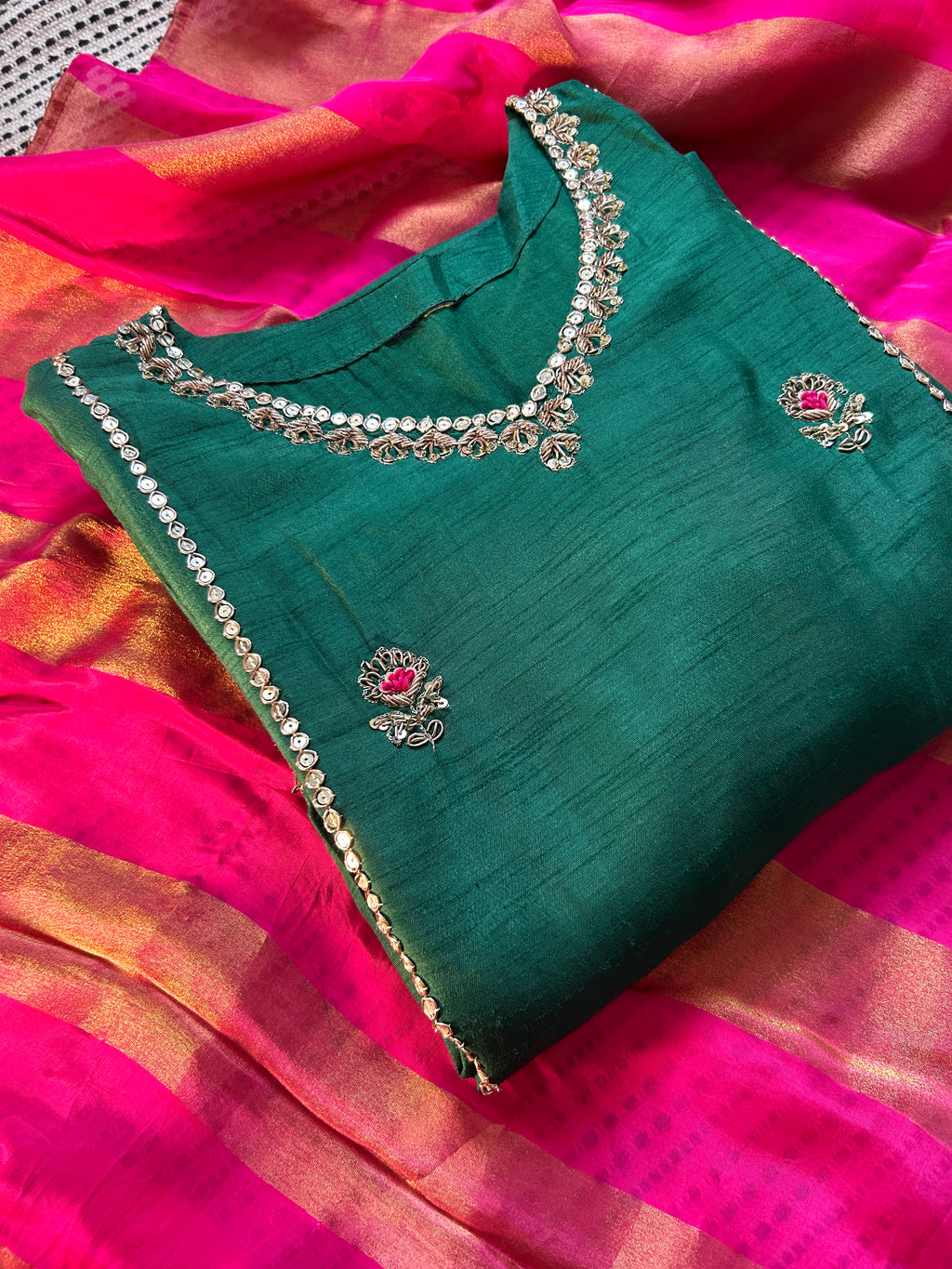 Emerald Green 3 piece Suit with striped Magenta Dupatta