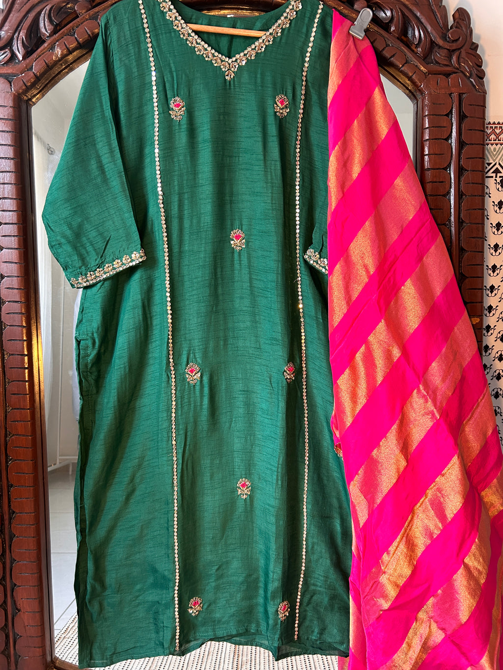 Emerald Green 3 piece Suit with striped Magenta Dupatta