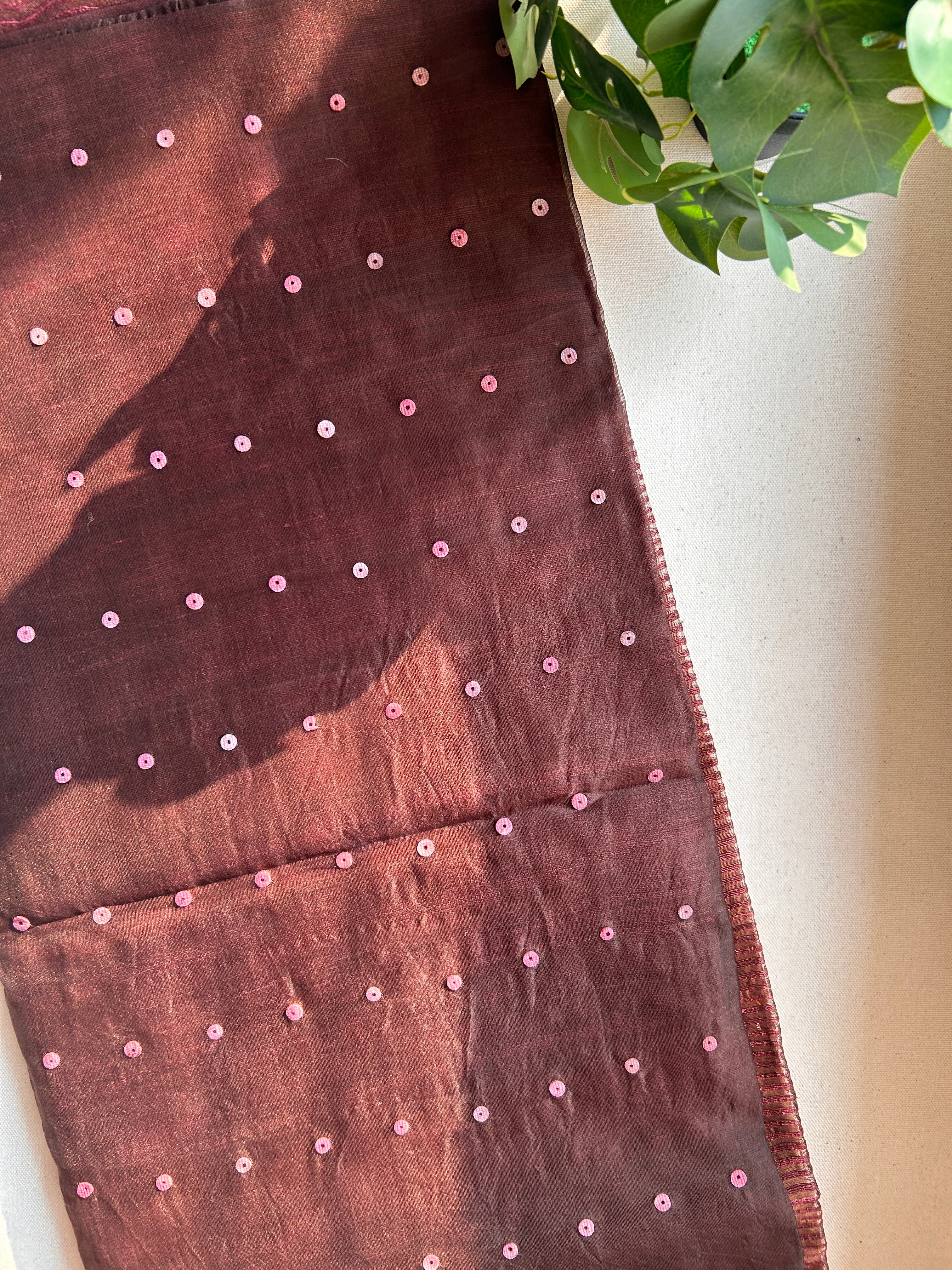 Pure handwoven Matka Muslin silk saree with seashell sequen