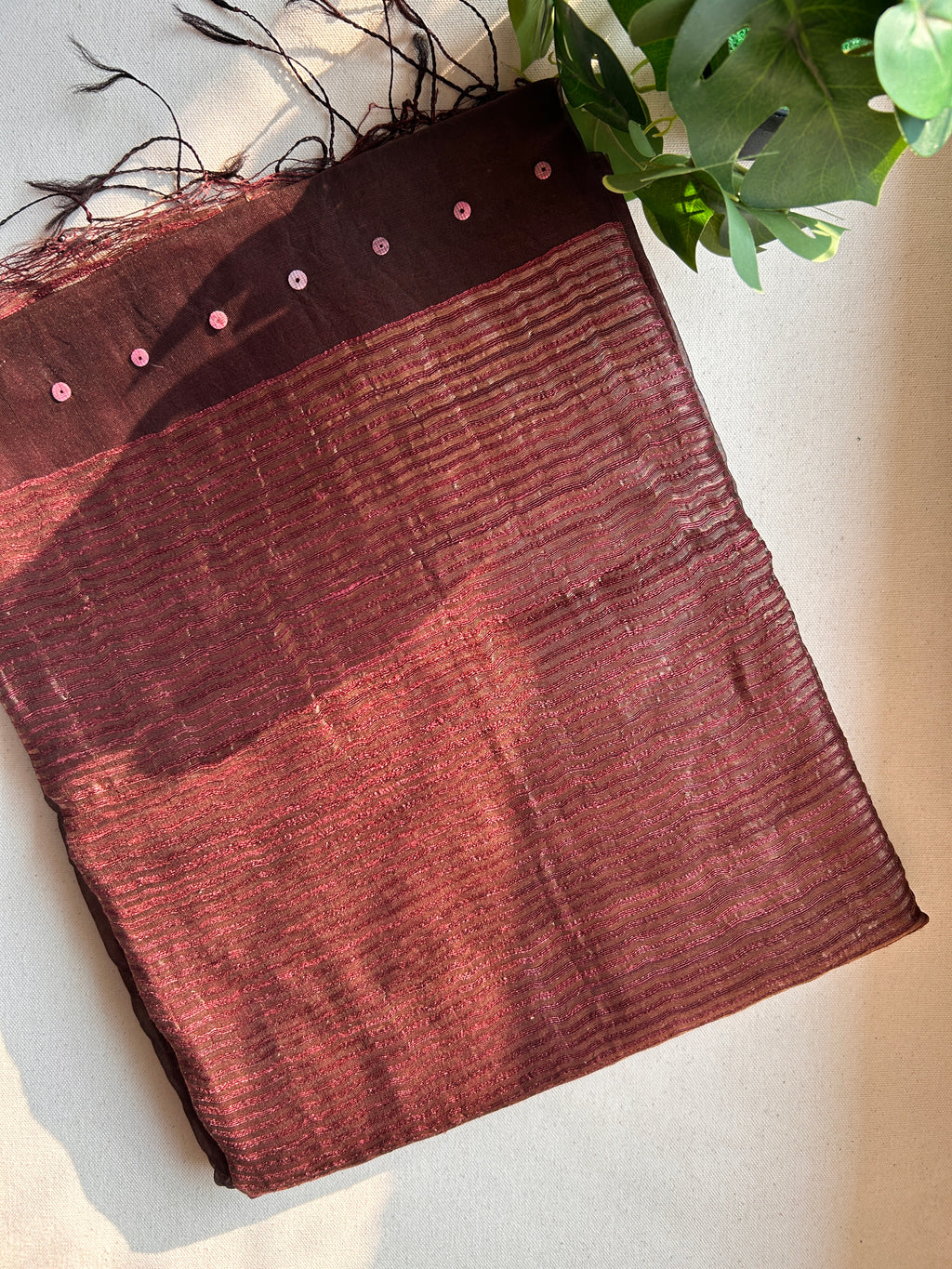 Pure handwoven Matka Muslin silk saree with seashell sequen