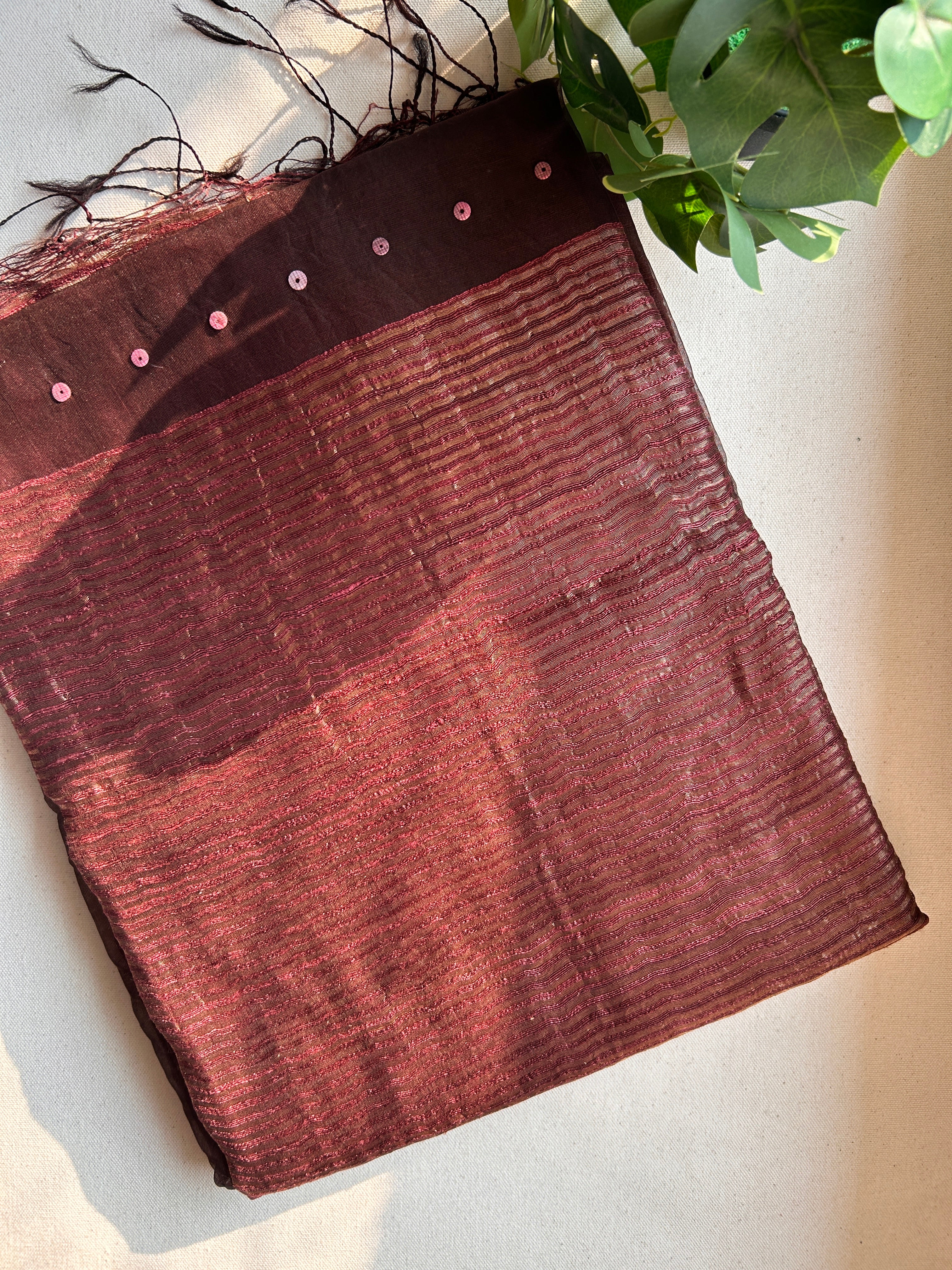 Pure handwoven Matka Muslin silk saree with seashell sequen