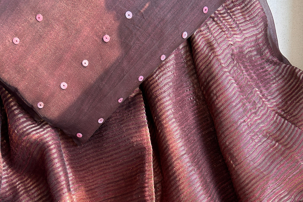 Pure handwoven Matka Muslin silk saree with seashell sequen