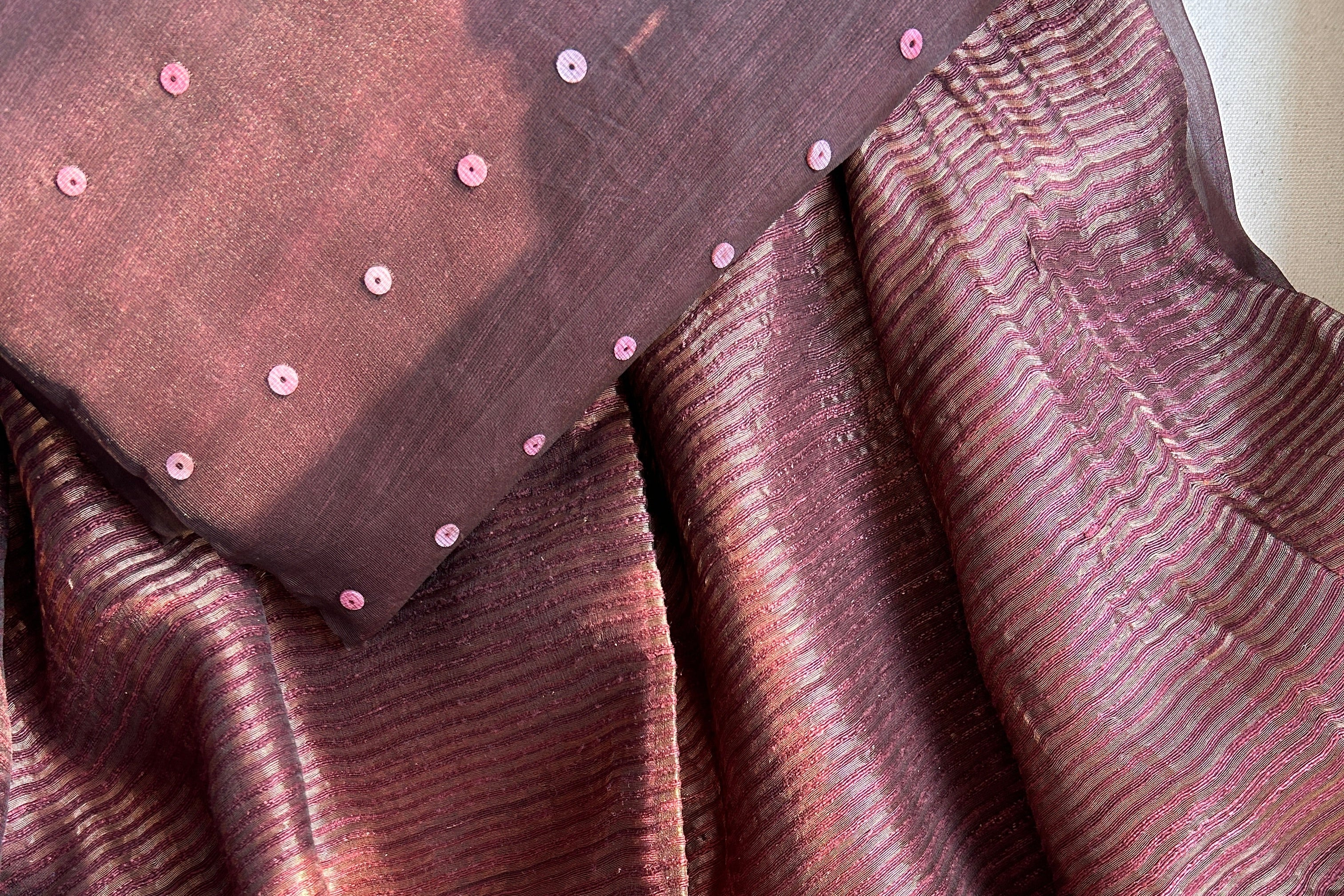 Pure handwoven Matka Muslin silk saree with seashell sequen