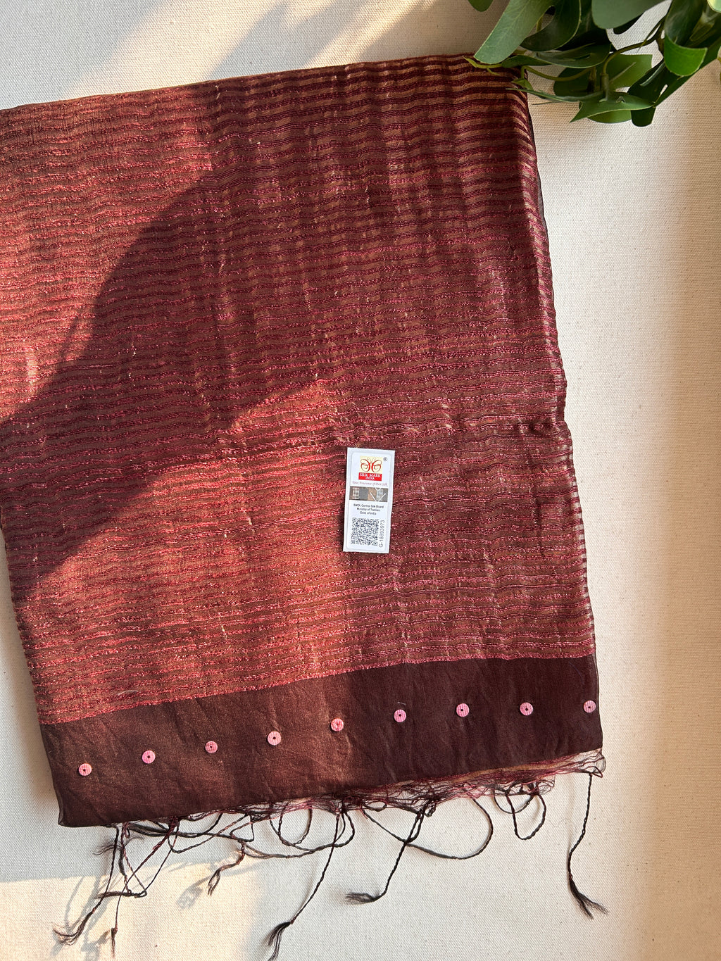 Pure handwoven Matka Muslin silk saree with seashell sequen