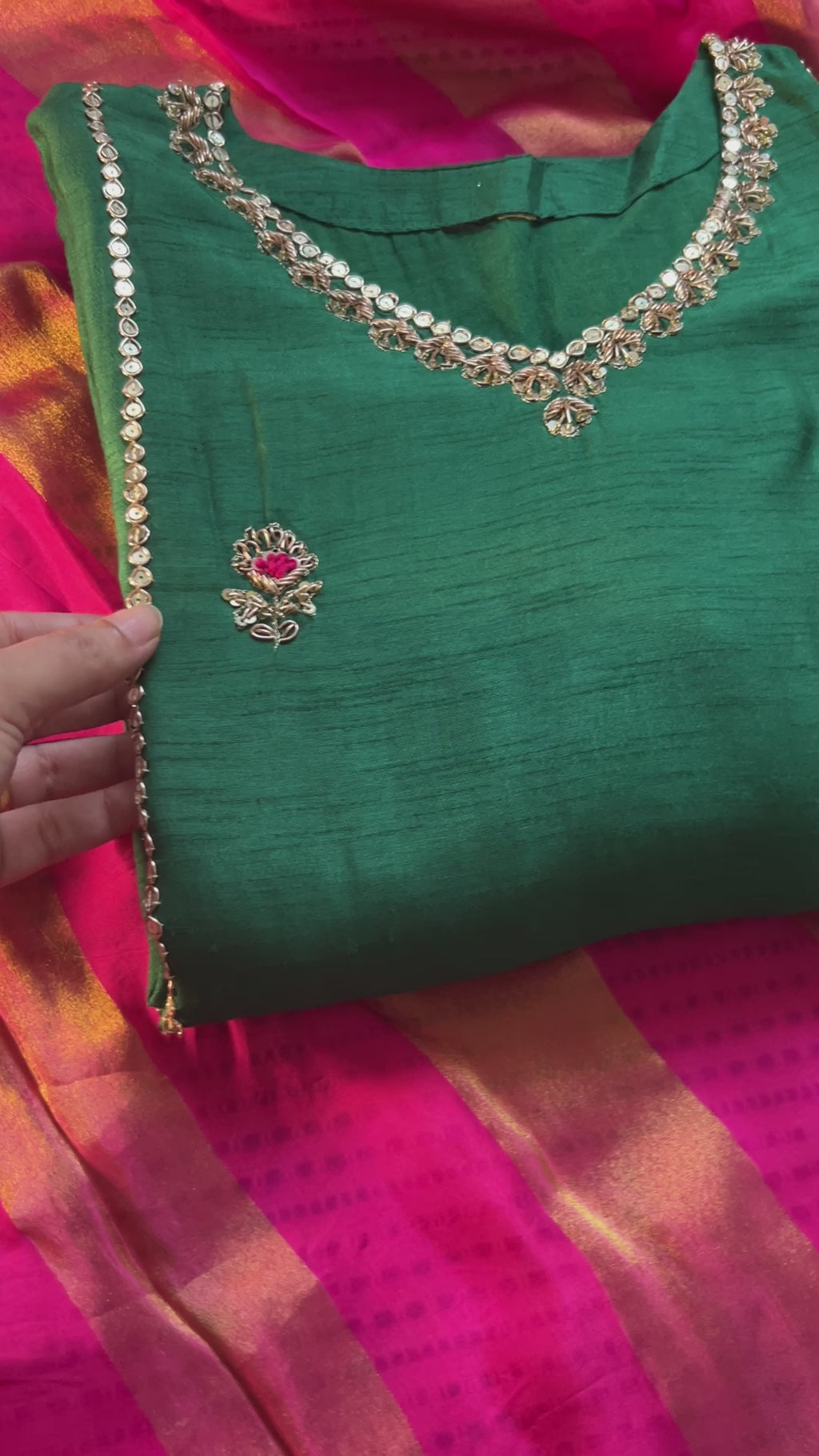Emerald Green 3 piece Suit with striped Magenta Dupatta