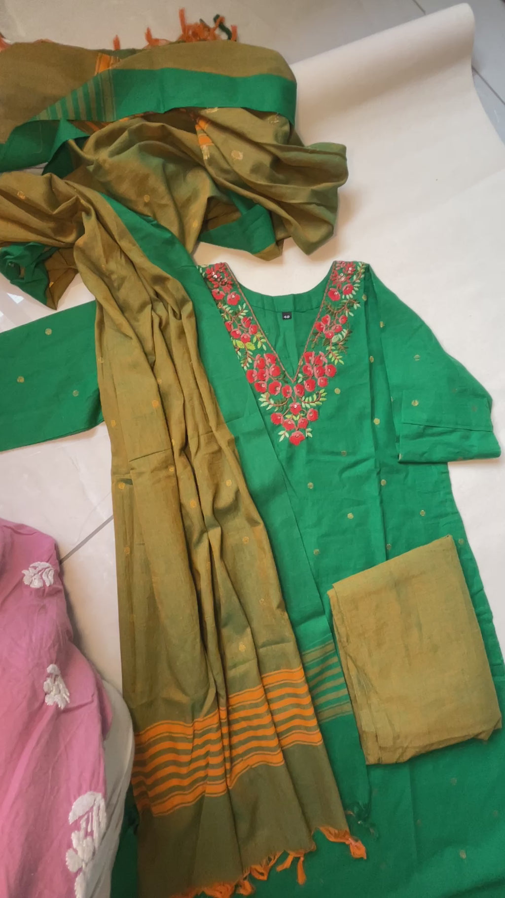 Bottle Green Olive Dupatta Pant Malai Cotton Handloom Kurti 3 Piece Suit Set