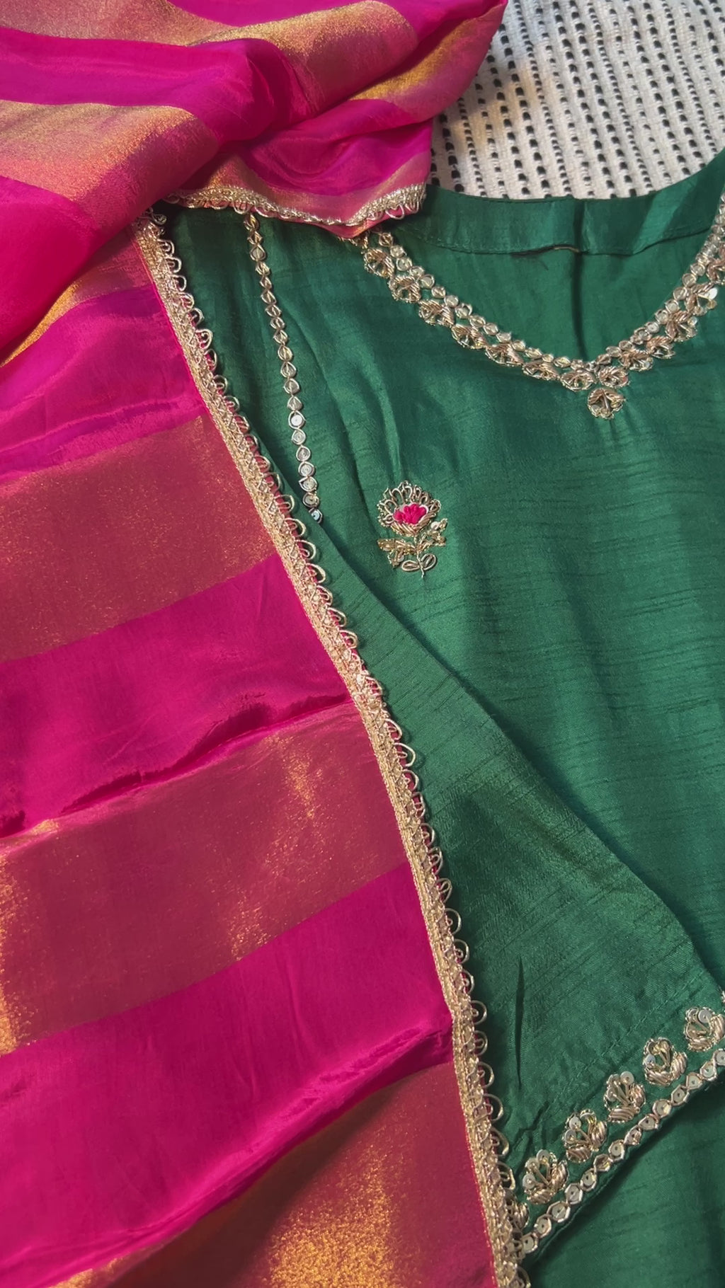 Emerald Green 3 piece Suit with striped Magenta Dupatta